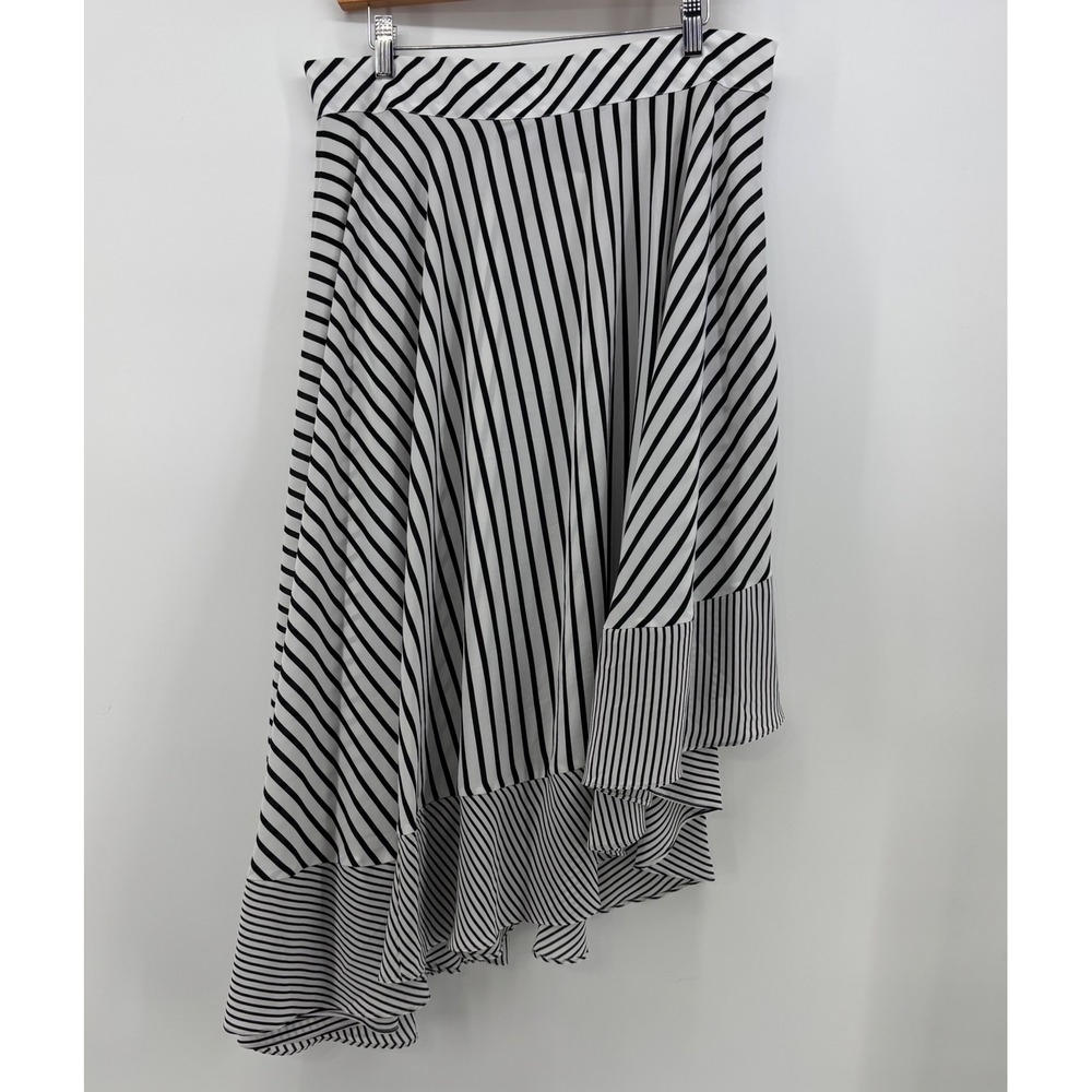 Lane Bryant Midi Skirt Women 14/16 Black White Mixed Striped Asymmetrical Ruffle